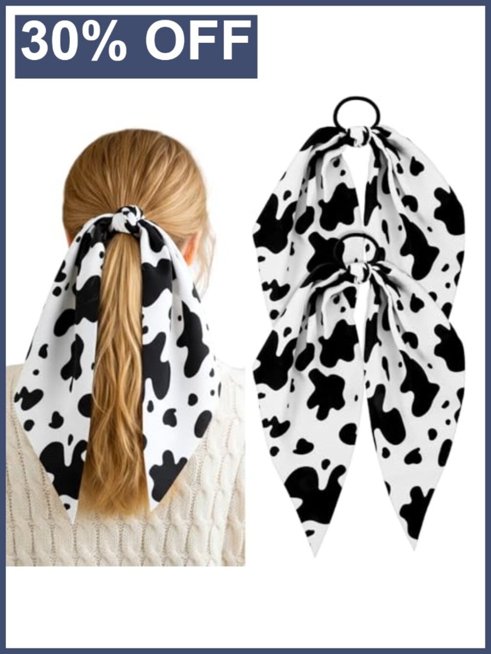 2PCS Cow Print Bunny Ear Bow Scrunchies Polyester Hair Ties Non-Slip